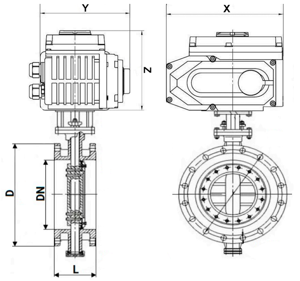 Затвор дисковый поворотный с тройным эксцентриситетом DN.ru WBV3EX-3431M-1W-F-ISO Ду65 Ру25 корпус - углеродистая сталь WCB, диск - нержавеющая сталь 304, уплотнение - METAL, с электроприводом DN.ru QT-N-015EM-O1-220VAC-У1