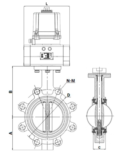 Затвор дисковый поворотный для абразивных сред DN.ru WBV1632E-2W-Fb-H Ду150 Ру16 межфланцевый, корпус - чугун QT450, диск - нержавеющая сталь 316L, уплотнение - EPDM, с электроприводом DN.ru QTSA-N-014EM-O0-220VAC с пружинным возвратом