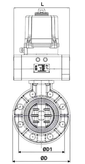 Затвор дисковый поворотный DN.ru WBV4242E-2W-Fb-ISO Дн200 Ру10 межфланцевый, корпус - НПВХ, диск - НПВХ, уплотнение - EPDM, с электроприводом DN.ru QTSA-N-007EM-O0-220VAC с пружинным возвратом