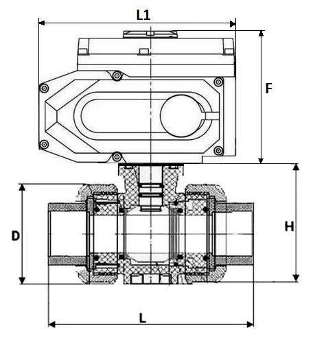 Кран шаровой DN.ru BV4242E-FP-GRM-ISO Дн32 Ру10 межфланцевый, полнопроходной, клеевой с разборным муфтовым соединением, корпус - UPVC (НПВХ), шар - UPVC (НПВХ), уплотнение - EPDM, с электроприводом QT-N-003EM-O1-220VAC-У1