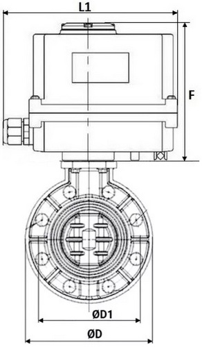 Затвор дисковый поворотный DN.ru WBV4242E-2W-Fb-ISO Дн65 Ру10 межфланцевый, корпус - НПВХ, диск - НПВХ, уплотнение - EPDM, с электроприводом DN.ru QT-N-003EM-O1-220VAC-У1 MINI