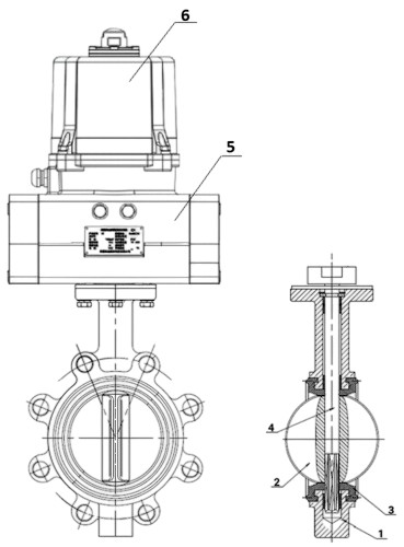 Затворы дисковые поворотные DN.ru WBV1616N-2W-Fb-H Ду50-150 Ру16 LUG межфланцевые, корпус - чугун QT450, диск - чугун QT450, уплотнение - NBR, с электроприводом четвертьоборотным DN.ru QTSA-N-EM-O0-220VAC
