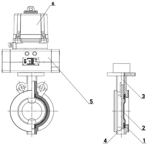Затворы дисковые поворотные DN.ru WBV3434Pf-2W-Fb-H Ду50-125 Ру16 футерованные межфланцевые, корпус - углеродистая сталь WCB, диск - углеродистая сталь WCB, уплотнение - PTFE, с электроприводом четвертьоборотным DN.ru QTSA-N-EM-O0-220VAC