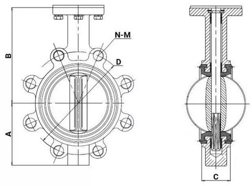 Затворы дисковые поворотные DN.ru WBV1631E-2W-Fb-H Ду50-150 Ру16 LUG межфланцевые, корпус - чугун QT450, диск - нержавеющая сталь AISI 304, уплотнение - EPDM, с электроприводом QT-EX-M-O2-220VAC-У1 с моментной муфтой и штурвалом