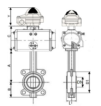 Затвор дисковый поворотный DN.ru GGG50-GGG40-EPDM Ду150 Ру16, межфланцевый, корпус - чугун, диск - чугун, уплотнение - EPDM, с пневмоприводом PA-DA-105-1 и БКВ APL-210N