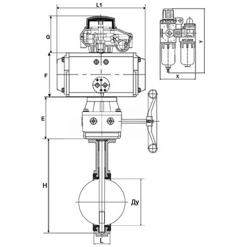 Затвор дисковый поворотный DN.ru WBV1132N-2W-Fb-H Ду80 Ру16, межфланцевый, корпус - чугун GG25, уплотнение - NBR, с пневмоприводом PA-DA-083, с пневмораспределителем 4V320-10 220В, БКВ APL-210N, ручным дублером MON2-450-T28-ISO, БПВ AFC2000