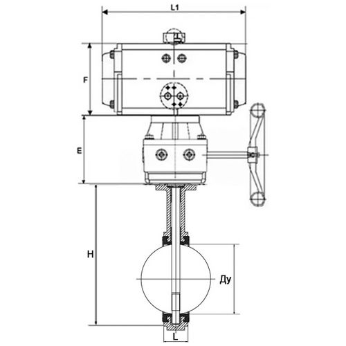 Затвор дисковый поворотный DN.ru WBV1132N-2W-Fb-H Ду50 Ру16, межфланцевый, корпус - чугун GG25, диск - нержавеющая сталь 316L, уплотнение - NBR, с пневмоприводом PA-DA-065, с пневмораспределителем 4V320-10 220В, ручным дублером MON1-250-T26-ISO