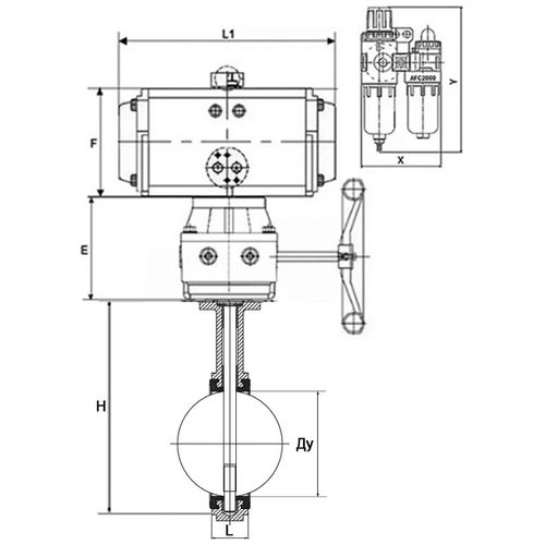 Затвор дисковый поворотный DN.ru WBV1132N-2W-Fb-H Ду65 Ру16, межфланцевый, корпус - чугун GG25, уплотнение - NBR, с пневмоприводом PA-DA-065, с пневмораспределителем 4V320-10 220В, ручным дублером MON1-250-T26-ISO, БПВ AFC2000