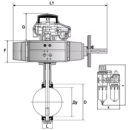 Затвор дисковый поворотный DN.ru WBV1331E-2W-F-H Ду50 Ру16, фланцевый, корпус - чугун GGG40, диск - нержавеющая сталь 304, уплотнение - EPDM, с пневмоприводом PA-DA-105-1, с пневмораспределителем 4V320-10 220В, БКВ APL-210N, БПВ AFC2000
