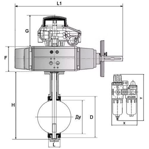 Затвор дисковый поворотный DN.ru WBV3432E-2W-Fb-H Ду125 Ру16, корпус - углеродистая сталь WCB, диск - нержавеющая сталь 316L, уплотнение - EPDM, с пневмоприводом PA-DA-105-1, с пневмораспределителем 4V320-10 220В, БКВ APL-410N Ex, БПВ AFC2000