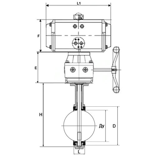 Затвор дисковый поворотный DN.ru WBV3232E-2W-Fb-H Ду65 Ру16, корпус - нержавеющая сталь 316L, диск - нержавеющая сталь 316L, уплотнение - EPDM, с пневмоприводом PA-DA-065, с пневмораспределителем 4V320-10 220В, ручным дублером MON1-250-T26-ISO