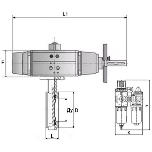 Затвор дисковый поворотный DN.ru WBV3434Pf-2W-Fb-H Ду125 Ру16, межфланцевый, корпус - углеродистая сталь WCB, диск - углеродистая сталь WCB, уплотнение - PTFE, с пневмоприводом PA-DA-105-1, с пневмораспределителем 4V320-10 220В, БПВ AFC2000