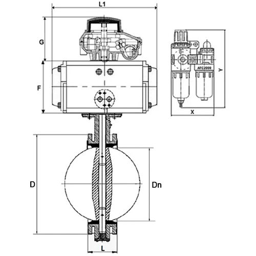 Затвор дисковый поворотный DN.ru WBV1331E-2W-F-H Ду80 Ру16 фланцевый, корпус - чугун GGG40, диск - нержавеющая сталь 304, EPDM, с пневмоприводом DN.ru PA-DA-105, пневмораспределителем DN.ru 4V320-10 220В, БКВ DN.ru APL-210N и БПВ DN.ru AFC2000