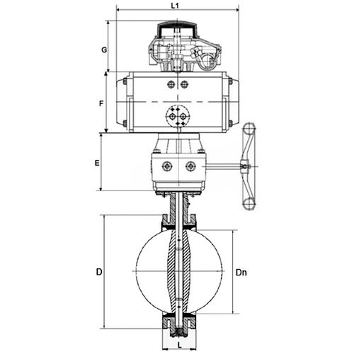 Затвор дисковый поворотный DN.ru WBV1331E-2W-F-H Ду65 Ру16 фланцевый, корпус - чугун GGG40, диск - нержавеющая сталь 304, уплотнение - EPDM, с пневмоприводом DN.ru PA-DA-105, БКВ DN.ru APL-210N и ручным дублером DN.ru MON3-700-T38-ISO