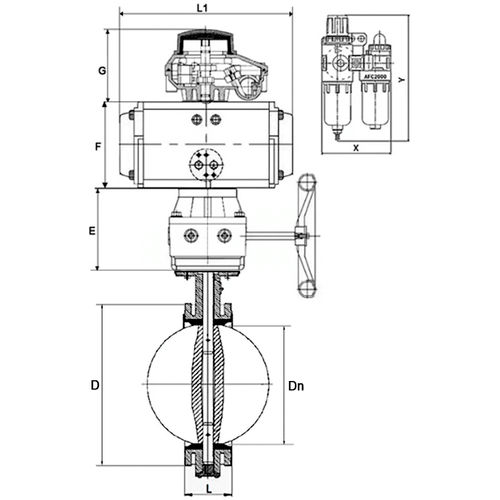 Затвор дисковый поворотный DN.ru WBV1331E-2W-F-H Ду80 Ру16 фланцевый, чугун GGG40/нержавеющая сталь 304, EPDM, с пневмоприводом DN.ru PA-DA-105, пневмораспределителем 4M310-08 220В, БКВ APL-510N EX, ручным дублером MON3-700-T38-ISO и БПВ AFC2000