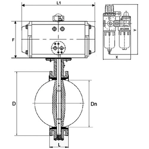 Затвор дисковый поворотный DN.ru WBV1331E-2W-F-H Ду200 Ру16 фланцевый, корпус - чугун GGG40, диск - нержавеющая сталь 304, уплотнение - EPDM, с пневмоприводом DN.ru PA-SA-210, пневмораспределителем DN.ru 4V320-10 220В и БПВ DN.ru AFC2000