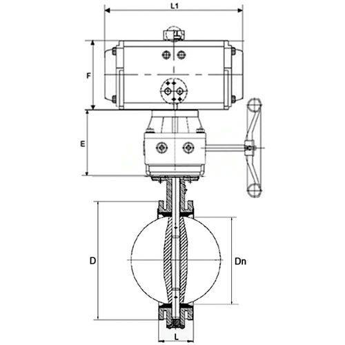 Затвор дисковый поворотный DN.ru WBV1331E-2W-F-H Ду200 Ру16 фланцевый, корпус - чугун GGG40, диск - нержавеющая сталь 304, EPDM, с пневмоприводом DN.ru PA-DA-140, пневмораспределителем DN.ru 4M310-08 24В и ручным дублером DN.ru MON4-1200-T54-ISO