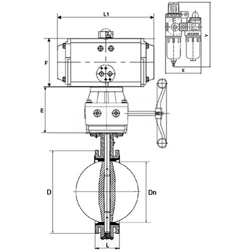 Затвор дисковый поворотный DN.ru WBV1331E-2W-F-H Ду200 Ру16 фланцевый, чугун GGG40, нержавеющая сталь 304, EPDM, с пневмоприводом DN.ru PA-DA-140, пневмораспределителем DN.ru 4M310-08 220В, ручным дублером DN.ru MON4-1200-T54-ISO и БПВ DN.ru AFC2000