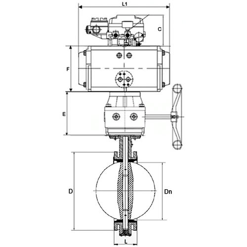 Затвор дисковый поворотный DN.ru WBV1331E-2W-F-H Ду150 Ру16 фланцевый, корпус - чугун GGG40, диск - нержавеющая сталь 304, EPDM, с пневмоприводом DN.ru PA-DA-130, позиционером DN.ru YT-1000RSN с обратной связью и ручным дублером DN.ru MON3-700-T38-ISO