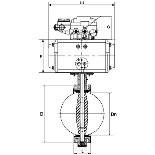 Затвор дисковый поворотный DN.ru WBV1331E-2W-F-H Ду200 Ру16 фланцевый, корпус - чугун GGG40, диск - нержавеющая сталь 304, уплотнение - EPDM, с пневмоприводом DN.ru PA-DA-140 и позиционером DN.ru YT-1000RSN с обратной связью
