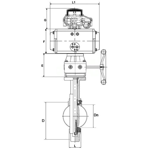 Затвор дисковый поворотный для абразивных сред DN.ru WBV1632E-2W-Fb-H Ду100 Ру16, корпус - чугун QT450, диск - нержавеющая сталь 316L, EPDM, пневмоприводом PA-DA-065, БКВ DN.ru APL-510N EX и ручным дублером DN.ru MON1-250-T26-ISO