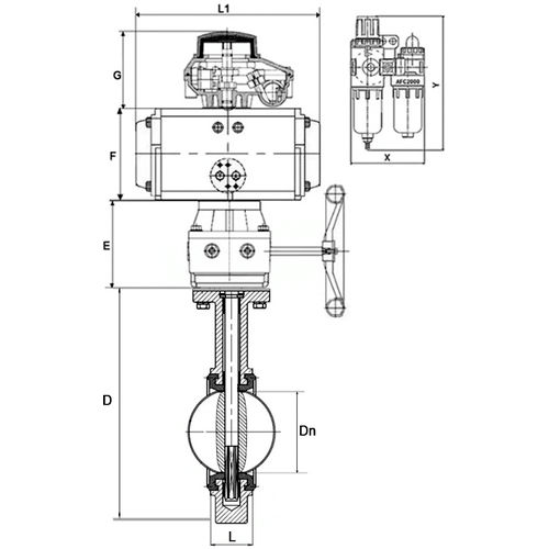 Затвор дисковый поворотный DN.ru WBV3131N-2W-Fb-H Ду65 Ру16, корпус - нерж.сталь 304, диск - нерж.сталь 304, NBR, с пневмоприводом DN.ru PA-DA-065, пневмораспределителем 4M310-08 220В, БКВ APL-210N, ручным дублером MON1-250-T26-ISO и БПВ AFC2000