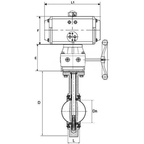 Затвор дисковый поворотный DN.ru WBV3131V-2W-Fb-H Ду125 Ру16, корпус - нержавеющая сталь 304, диск - нержавеющая сталь 304, VITON, с пневмоприводом DN.ru PA-DA-105, пневмораспределителем DN.ru 4V320-08 220В и ручным дублером DN.ru MON3-700-T38-ISO