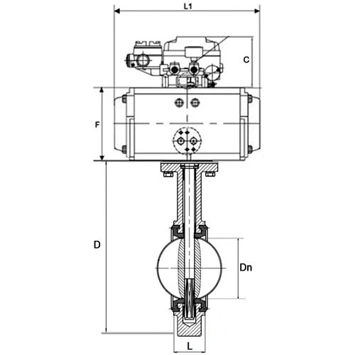 Затвор дисковый поворотный DN.ru WBV3131V-2W-Fb-H Ду250 Ру16, корпус - нержавеющая сталь 304, диск - нержавеющая сталь 304, уплотнение - VITON, с пневмоприводом DN.ru PA-DA-160 и позиционером DN.ru YT-1000RSN без обратной связи