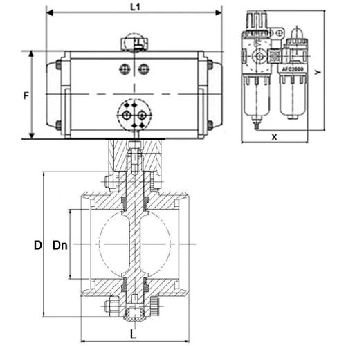 Затвор дисковый поворотный DN.ru WBV3131E-2W-T-H Ду32 Ру10 резьбовой, пищевая нержавеющая сталь 304, уплотнение – EPDM, с пневмоприводом DN.ru PA-SA-065, пневмораспределителем DN.ru 4V320-08 220В и БПВ DN.ru AFC2000