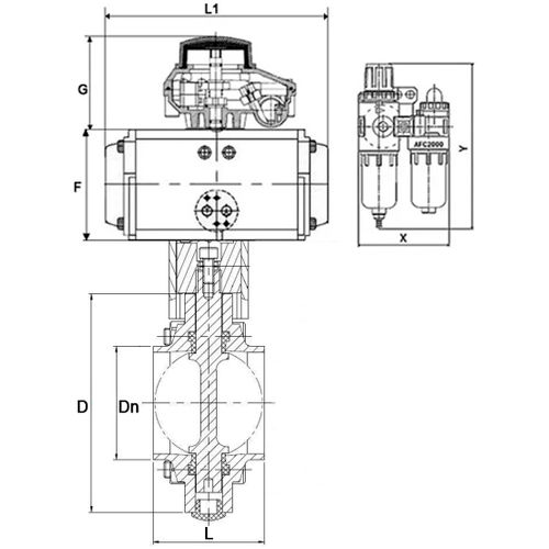 Затвор дисковый поворотный DN.ru WBV3131E-2W-W-H Ду15 Ру10 под приварку, пищевая нержавеющая сталь 304, уплотнение – EPDM, с пневмоприводом DN.ru PA-DA-052, пневмораспределителем DN.ru 4M310-08 24В, БКВ DN.ru APL-410N EX и БПВ DN.ru AFC2000