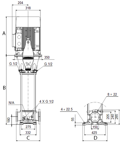 Насос многоступенчатый Grundfos CR125-2-1 поверхностный, корпус - чугун, мощность - 18.5кВт, напор - 58.6м, производительность - 2084л/мин, 380В