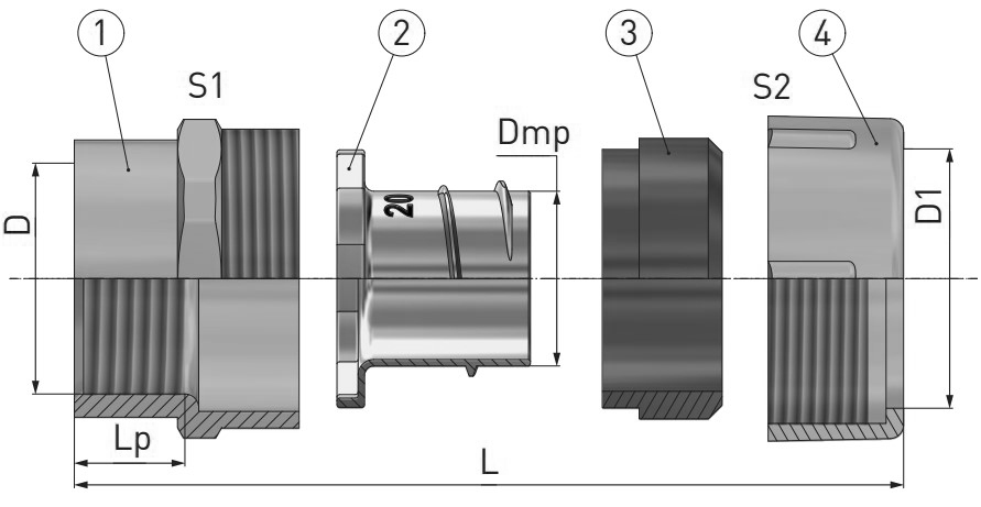Крепежные элементы EKF CMHTI Дн12-50 для металлорукава, внутренняя резьба, уплотнение – резина МБС, материал – сплав цинка