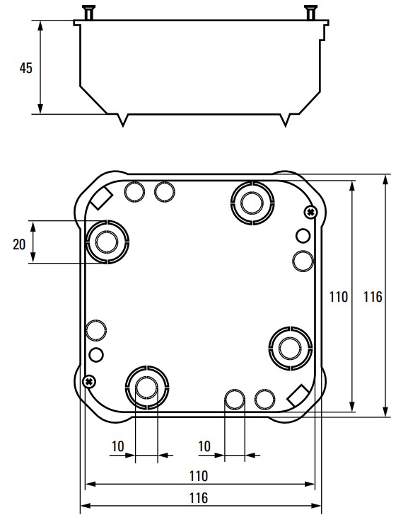 Коробка распределительная EKF КМП-020-008 116х116х45 мм с крышкой и металлическими лапками, для полых стен, корпус – полипропилен, IP42, цвет – черный