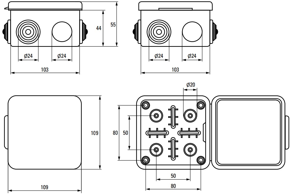 Коробка распределительная EKF КМР-030-014 103х103х55 мм с крышкой для наружной установки, 8 вводов, корпус – ABS-пластик, IP54, цвет – серый