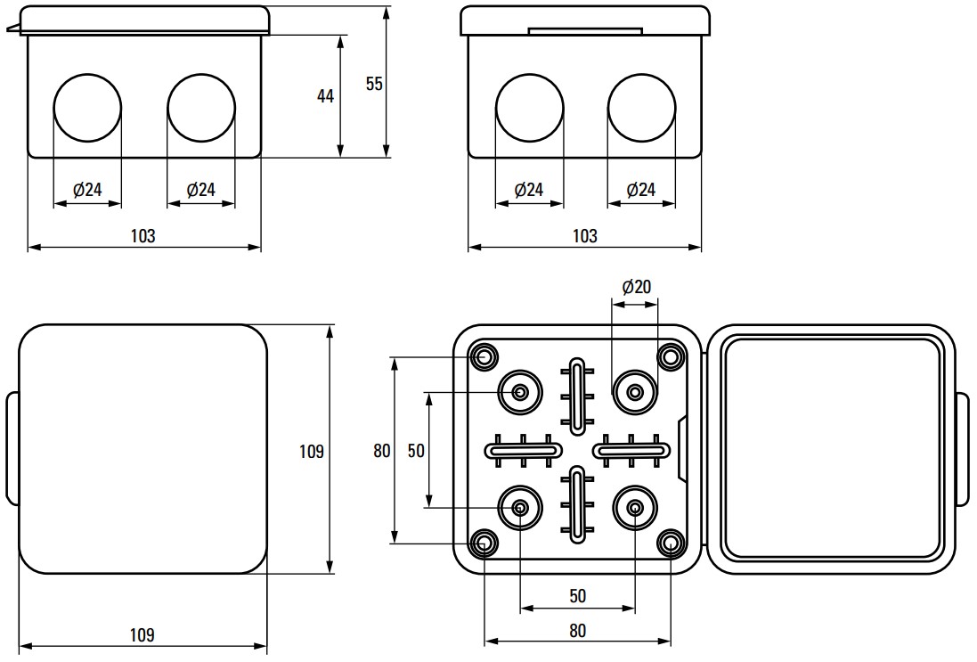 Коробка распределительная EKF КМР-030-034 109х109х55 мм пылевлагозащитная с крышкой на защелке, для наружной установки, корпус – полипропилен, IP54, цвет – серый