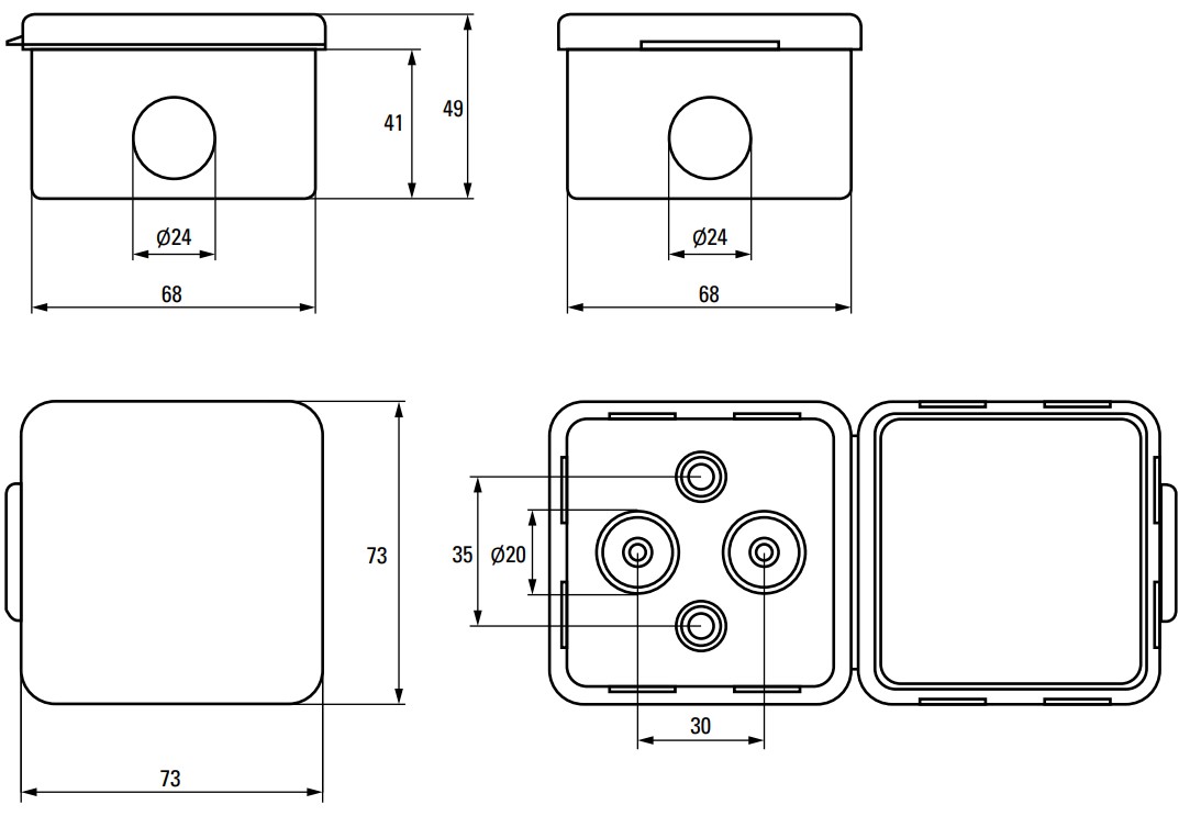 Коробка распределительная EKF КМР-030-036 73х73х49 мм с крышкой для наружной установки, 4 ввода, корпус – ABS-пластик, IP54, цвет – серый
