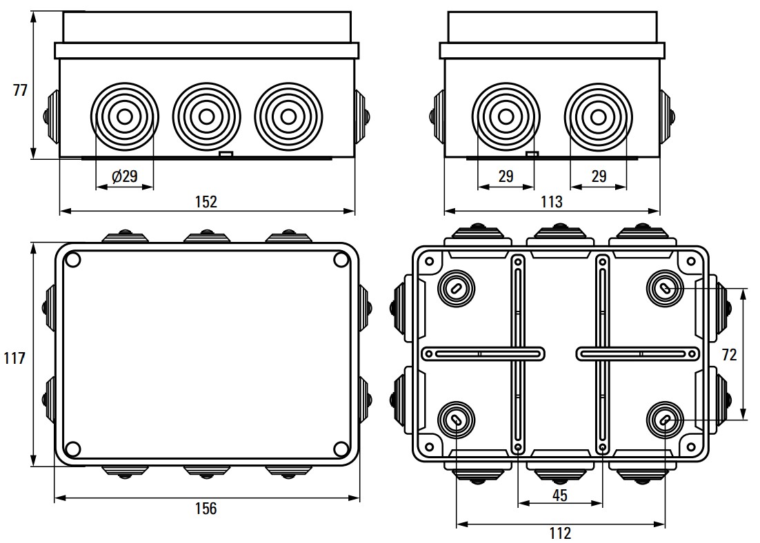 Коробка распределительная EKF КМР-050-041 156х113х77 мм пылевлагозащитная, крышка с уплотнительным шнуром, для наружной установки, 10 вводов, корпус – полипропилен/ПВХ, IP55, цвет – серый
