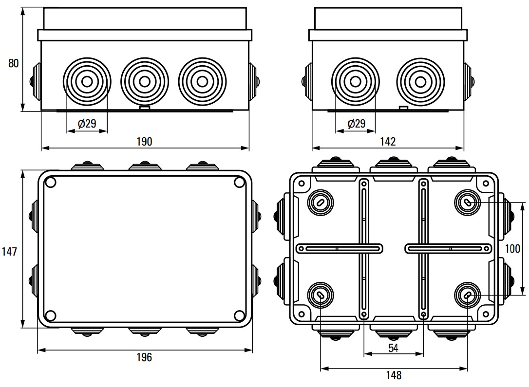 Коробка распределительная EKF КМР-050-042 196х142х80 мм пылевлагозащитная, крышка с уплотнительным шнуром, для наружной установки, 10 вводов, корпус – полипропилен/ПВХ, IP55, цвет – серый
