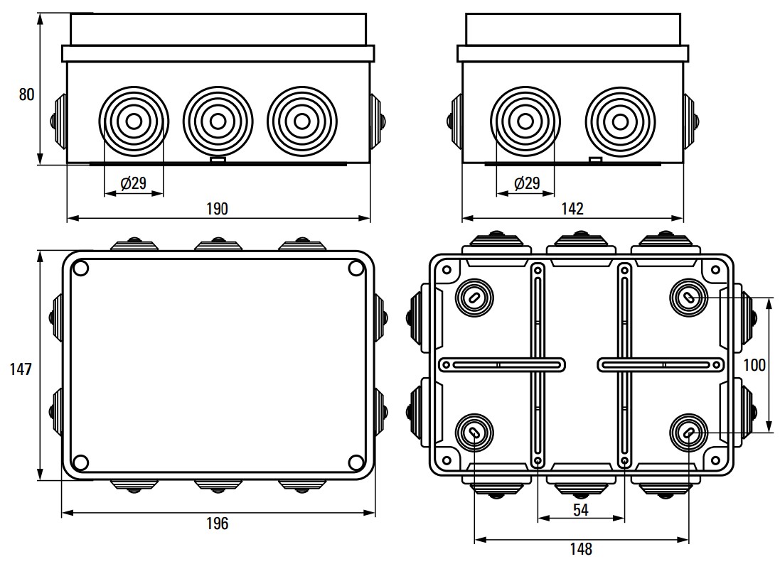 Коробка распределительная EKF КМР-050-042пк 196х142х80 мм пылевлагозащитная с крышкой на саморезах, для наружной установки, корпус – полипропилен/ПВХ, IP55, цвет – серый