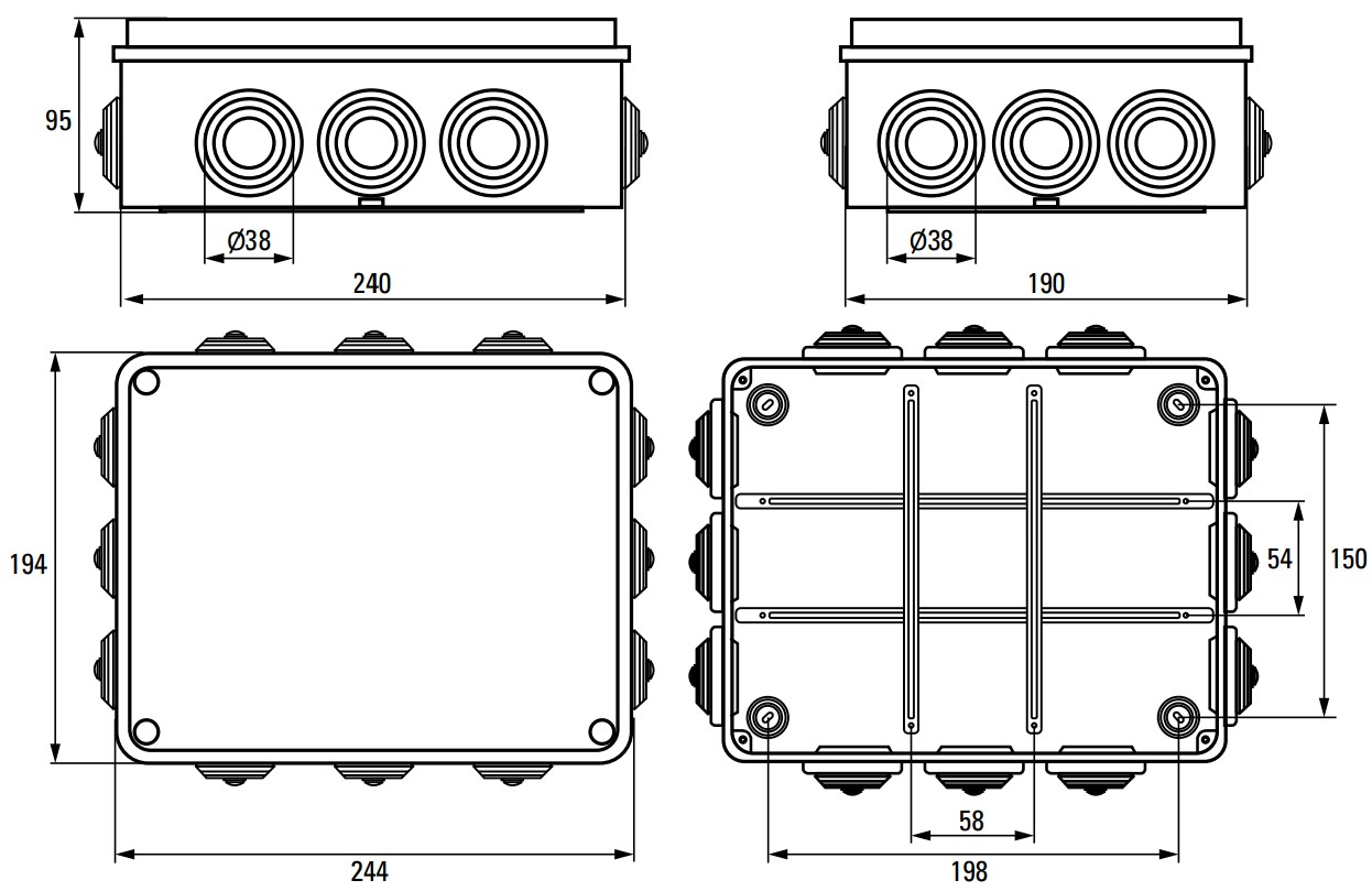 Коробка распределительная EKF КМР-050-043 244х190х95 мм пылевлагозащитная, крышка с уплотнительным шнуром, для наружной установки, 12 вводов, корпус – полипропилен/ПВХ, IP55, цвет – серый