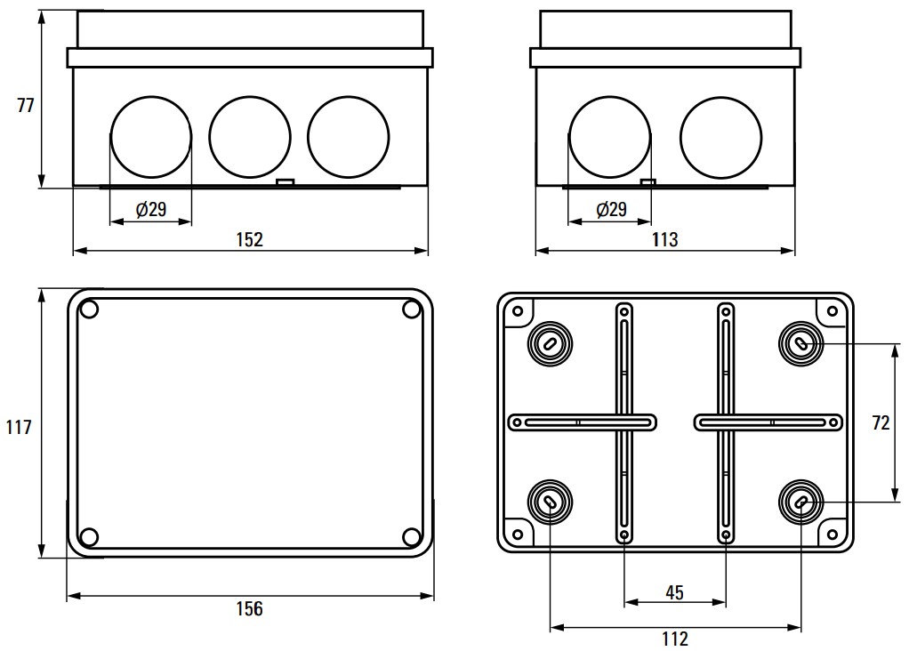Коробка распределительная EKF КМР-050-045 156х113х77 мм пылевлагозащитная с крышкой на саморезах, для наружной установки, корпус – полипропилен, IP55, цвет – серый