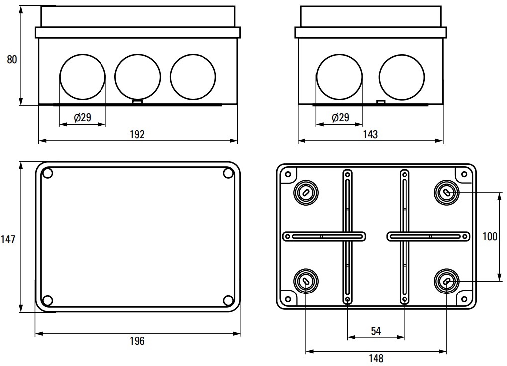 Коробка распределительная EKF КМР-050-046 196х143х80 мм пылевлагозащитная с крышкой на саморезах, для наружной установки, корпус – полипропилен, IP55, цвет – серый