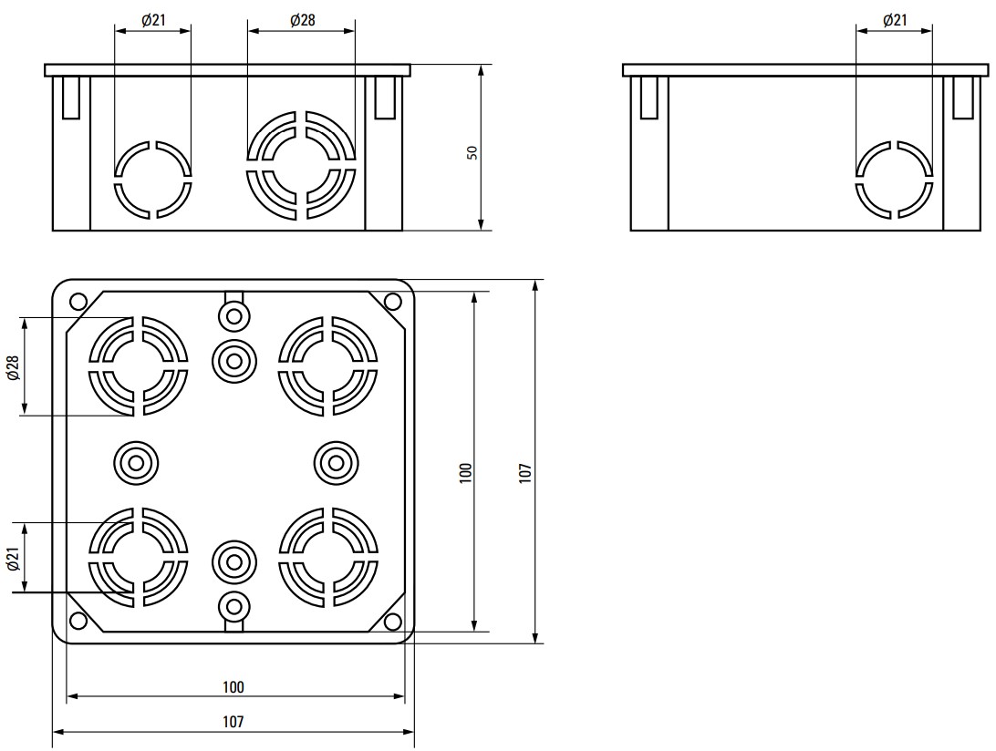 Коробка распределительная EKF КМТ-010-006 107х107х50 мм с крышкой и саморезами, для твердых стен, корпус – полистирол, IP20, цвет – черный