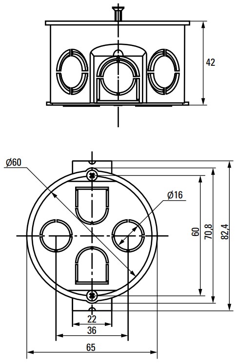 Коробка установочная EKF КМТ-010-044 71х42 мм приборная со стыковочными узлами, для твердых стен, корпус – полипропилен, IP20, цвет – черный