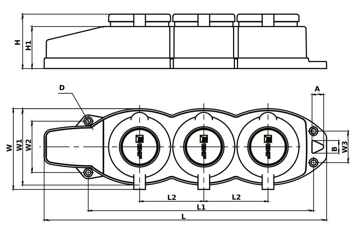 Розетка стационарная EKF 16А 220В 2 полюса 2Р+PЕ трехместная, степень защиты IP44, корпус - каучук, цвет черный