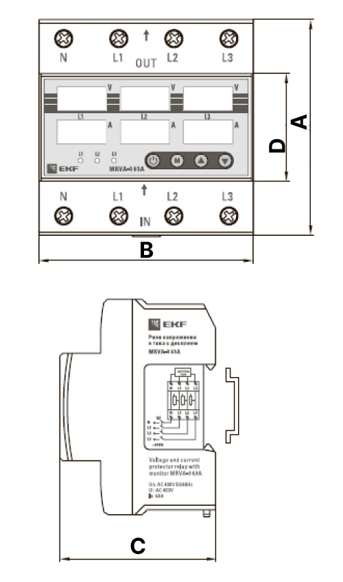 Реле напряжения и тока трехфазное EKF MRVA-3-63А установка диапазона напряжения и времени срабатывания с помощью кнопок, номинальный ток 63 А, с дисплеем