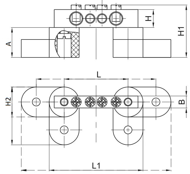 Шины нулевые IEK PE земля 6х9, желтые с двумя угловыми изоляторами на DIN-рейку, 10-20 отверстий латунь