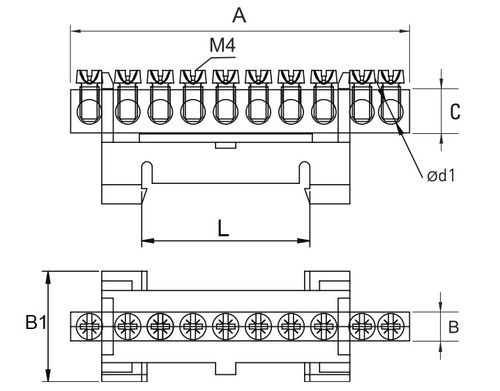 Шины нулевые EKF PROxima N 6x9 мм на изоляторе, 8-14 отверстий, синий изолятор тип Стойка на DIN-рейку, корпус-латунь