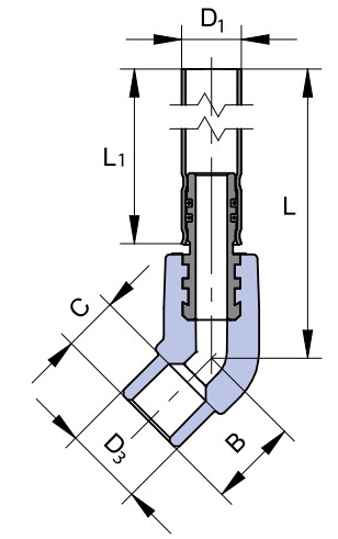 Угольник Ekoplastik SKORP Дн20 L=270mm, угол - 45°, для подключения к радиатору, тип присоединения - внутренняя пайка, цвет - серый