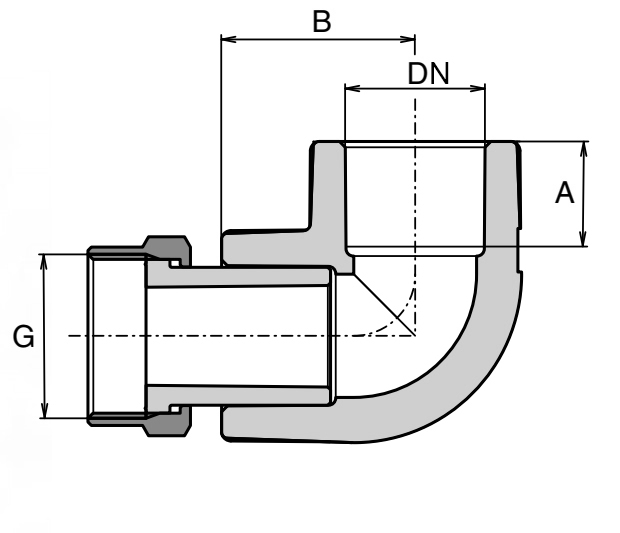 Угольник PP-RCT переходной Ekoplastik SKOM Дн20x1/2″ Ру25  с накидной гайкой, тип присоединения - внутренняя резьба/пайка, угол - 90°, цвет - серый